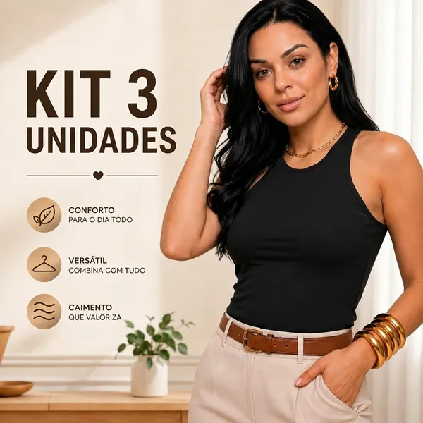 KIT 3 Regatas Blusa Feminina Suplex Duplo Básica Lisa Blogueira Tendencia