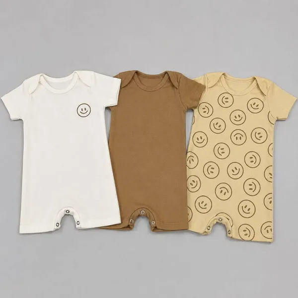 Kit 3 Romper Minimalista Macacão Infantil Liso Estampado Manga Curta