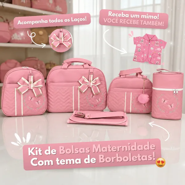 Bolsa para Meninas Enxoval Saída Maternidade Kit Completo com 5 peças com Borboletas