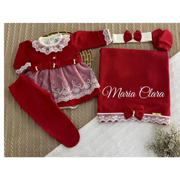 Kit Saída de Maternidade 6 Peças Luxo para Bebê Menina com Nome Personalizado Tam. RN (0-2 Meses)