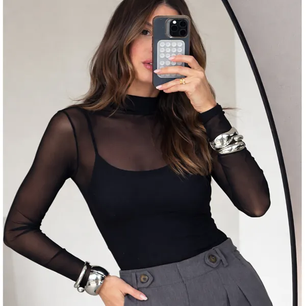 Blusa Tule Fenenina Gola Alta Manga Longa Transparente Tamanhos M,G, Fit Justo