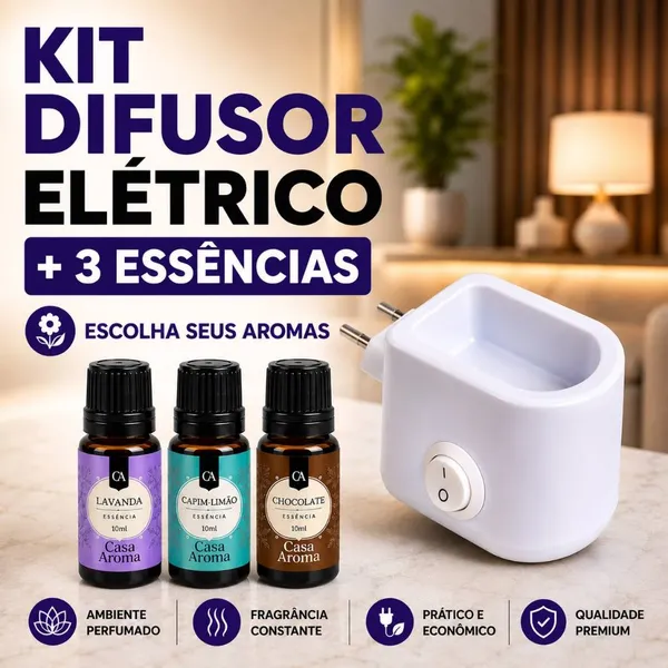 Kit 3 Essências Puras Super Concentradas + 1 Difusor Elétrico Bivolt