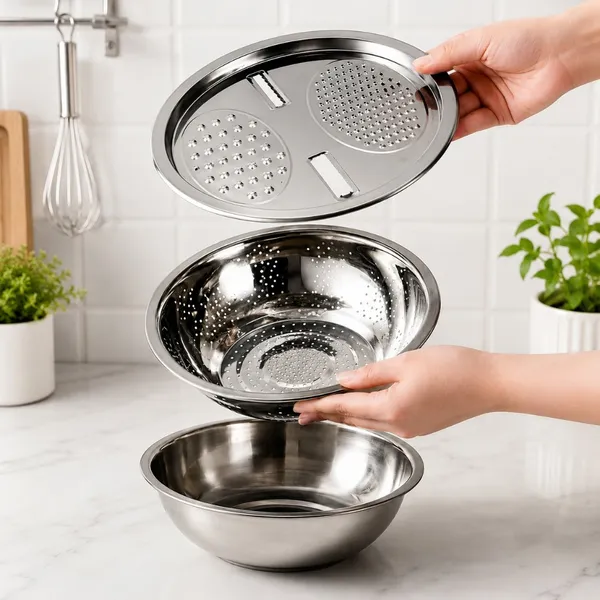 Ralador Escorredor Inox 3 em 1 com Tigela e Bacia Multiuso Cozinha