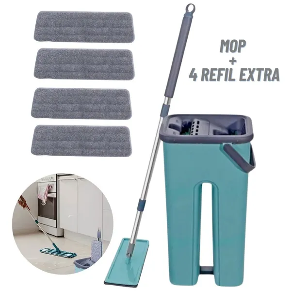MOP FLAT ESFREGÃO COM BALDE RODO MÁGICO LAVA SECA TIRA Pó + 4 REFIL