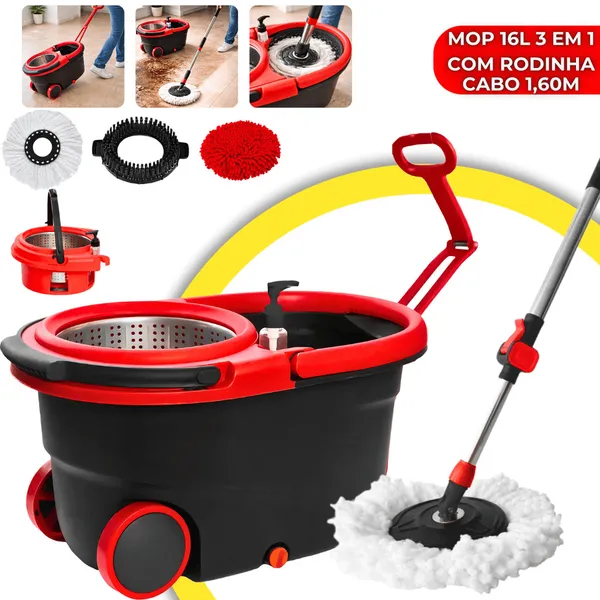 Mop Profissional 3 em 1 Inox 16L Com Rodinha Balde 360º Giratório com Alça Extensível Esfregão