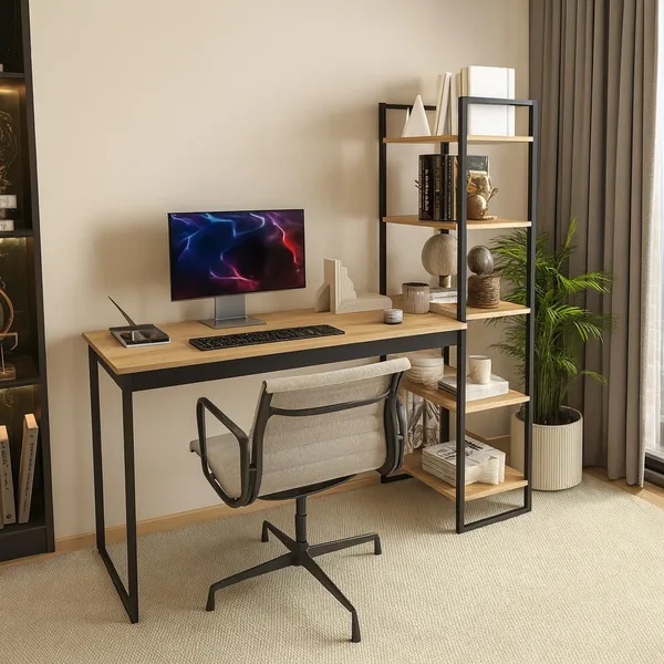 Escrivaninha Mesa Escritório Home Office Lâmina com Preto com 5 Prateleiras Estante Integrada Industrial Mod: Atenas Sho