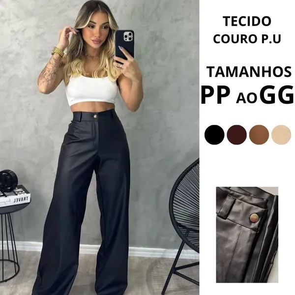 Calça de couro Pantalona Feminina Couro Sintético Premium Wide Leg Social Elegante Cintura Alta