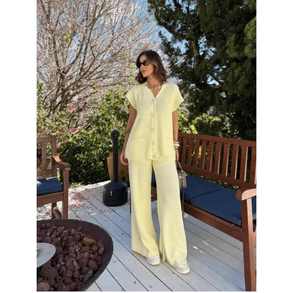 Conjunto Feminino Tricot Calça Pantalona e Max Colete Blusa Regata com Botões Kimono Tendência