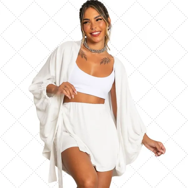 Conjunto kimono Shorts saia +Kimono femenino Blogueira Max Camisa cardigã