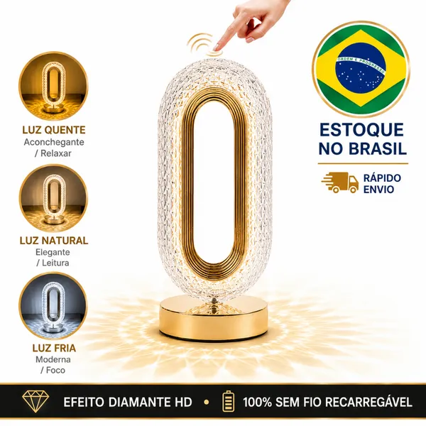 Abajur De Mesa Cristal LED Luminaria Cabeceira Touch Sem Fio Recarregavel USB 3 Tons Luz