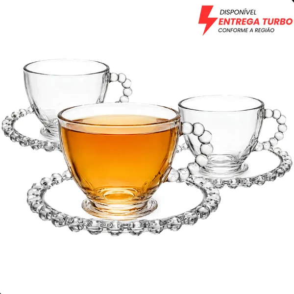 Jogo De Xícaras E Pires Em Vidro Transparente 6 Peças Para Chá Café 220ml Pearl Pérola Bolinha