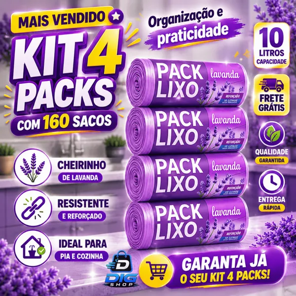 Kit 4 Rolos Sacos de Lixo 10L 160 Unidades Perfumado Cheiroso Lavanda Tira Odores Pia Banheiro