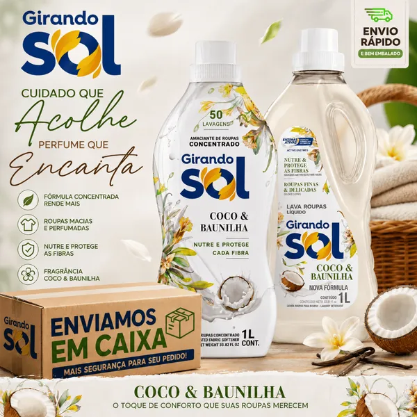 Kit Lava Roupas Líquido + Amaciante Concentrado Coco Baunilha - Girando Sol -Perfume Duradouro para Roupas