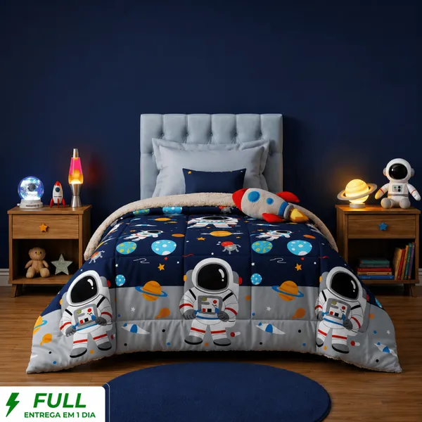 Coberdrom Cobertor Infantil Astronauta Solteiro Sherpa Plush Blend 3 Camada Macio Quentinho Cacintex