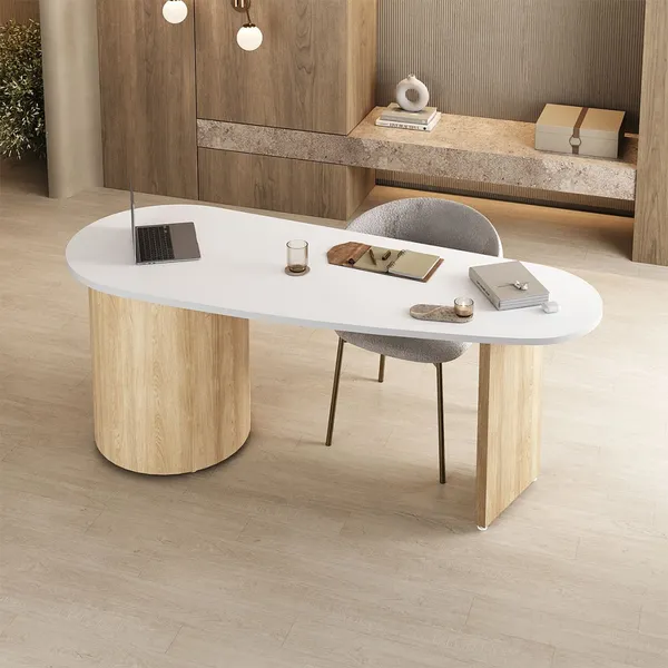 Mesa para Escritório Ovale 4 Gavetas Branco/Carvalho - Artany Móveis