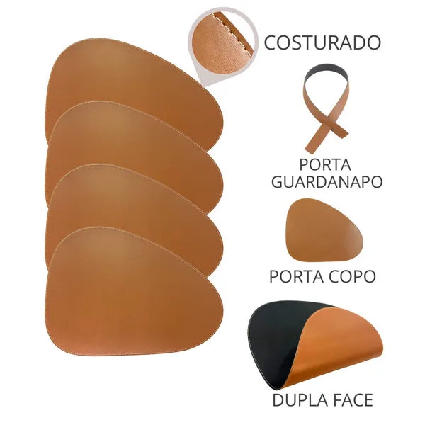 Kit Jogo Americano Sousplat Couro Dupla Face + Porta Copos