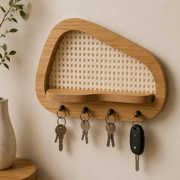 Porta Chaves Orgânico Decorativo com Prateleira e Palha Indiana