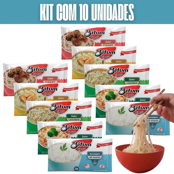 Kit com 10 e 5 Unidades de Lámen Instantâneo Bifum Macarrão de Arroz Sem Glúten Leve 67g
