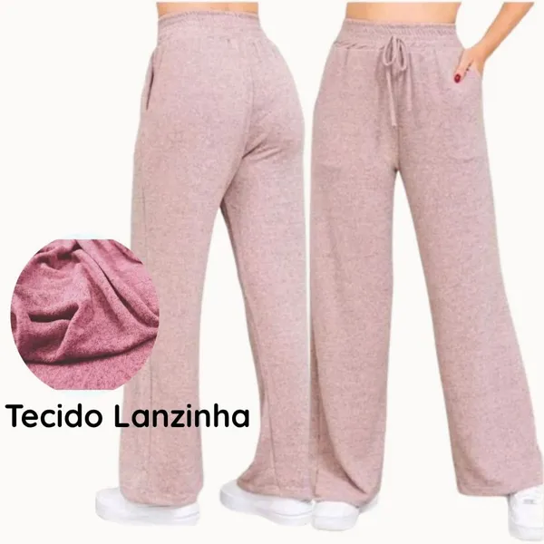 Calça Pantalona Feminina de Lanzinha Cintura Alta com Bolso e Elastico pra Inverno GG, G, M,  P