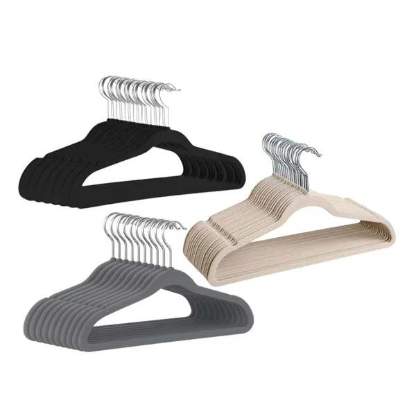 42cm - Kit 50 Cabides Reforçados de Veludo Adulto Antideslizante Ultrafino Bege, Cinza ou Preto