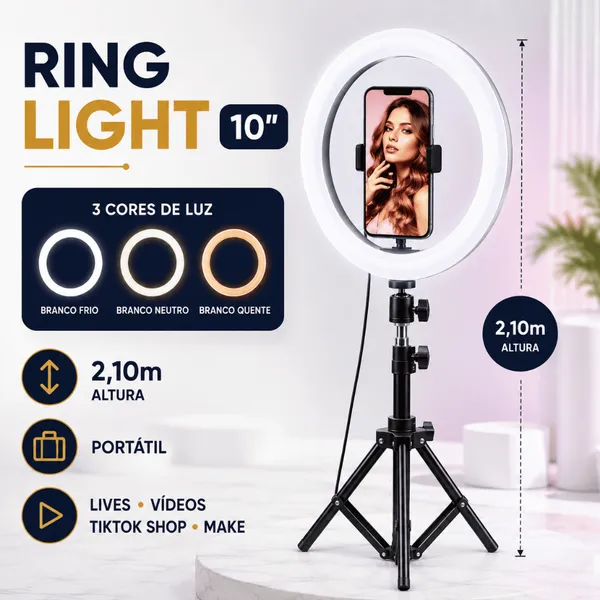 Ring ​Light Iluminador 10 Polegadas com Tripé 2.10m LED para Celular Live Maquiagem
