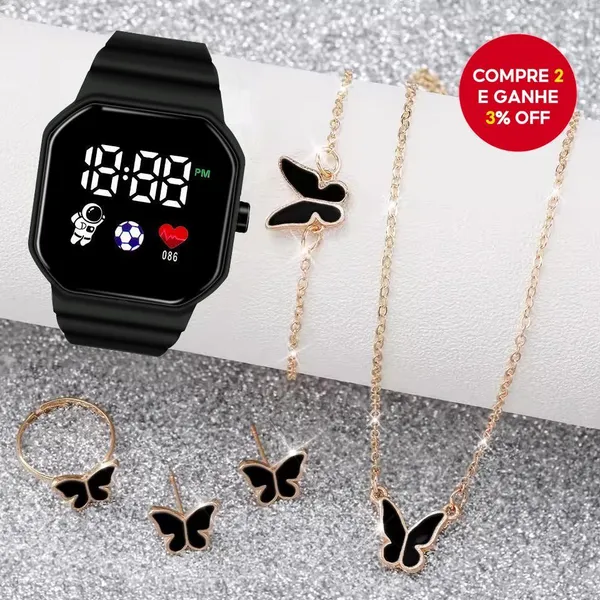Conjunto De Relógio Digital Feminino Elegante De 6 Peças-Pulseira De Silicone Com Tela LED , E Colar Borboleta