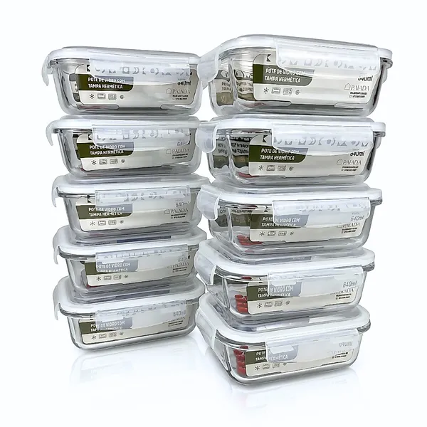 KIT 10 POTES DE VIDRO HERMÉTICOS 640ML TAMPA ORGANIZADOR ALIMENTOS PARA GELADEIRA FREEZER MICRO-ONDAS