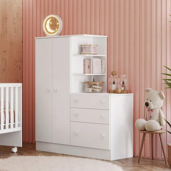 GUARDA-ROUPA COM CÔMODA 3 GAVETAS DOCE SONHO BRANCO BRANCO