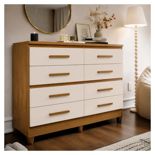 Cômoda 8 Gavetas Grande Para Quarto De Casal Multiuso Com Pés Organizadora De Roupas Industrial Lite
