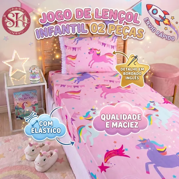 Jogo Lençol Solteiro 02 Peças Microfibra Estampas Infantis Criança Azul Rosa Verde