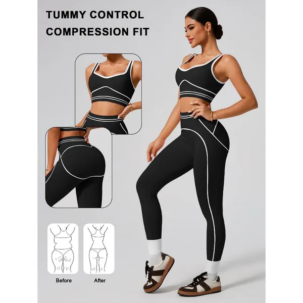 Conjunto Feminino De Leggings De Cintura Alta E Sutiã Esportivo , Respirável De Secagem Rápida Para Treino De Ginástica