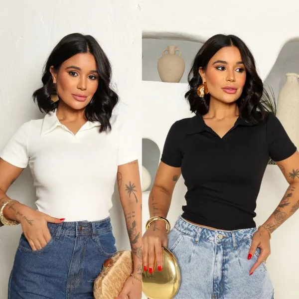 Blusa Feminina Curta Gola Polo Ribana Canelada