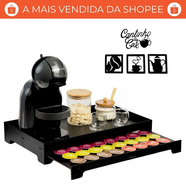 BANDEJA CANTINHO DO CAFÉ COM GAVETA 40 CÁPSULAS COMPATÍVEL PARA DOLCE GUSTO E DIVERSOS MODELOS CAFÉ