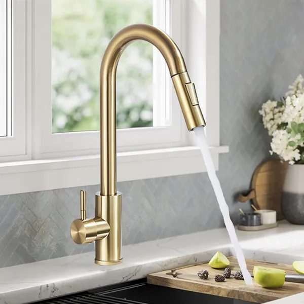 Torneira Cozinha Bancada Gourmet Extensível Misturador Inox Cor Ouro escovado Flexível Misturador