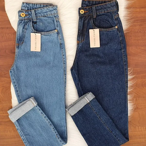 Calça Feminina Mom Jeans Mom Cintura Super Alta Escura e Clara Lisa