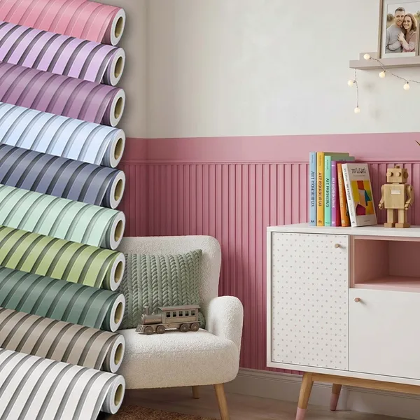 Papel De Parede Ripado Com Faixa Para Meia Parede Decoração Sala Quarto Infantil Menina Menino