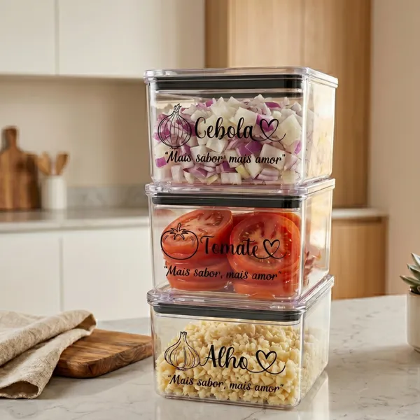 kIT 3 Potes 480ml Porta Tempero Com Adesivo Alho Cebola Tomate Organizadores Herméticos Acrilico Geladeira Cozinha