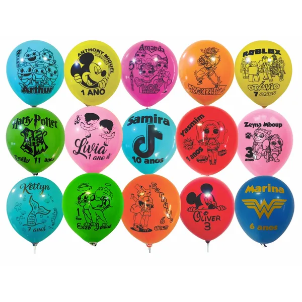 Bexigas de Latex personalizadas com TEMA, NOME, IDADE ou LOGO de Latex