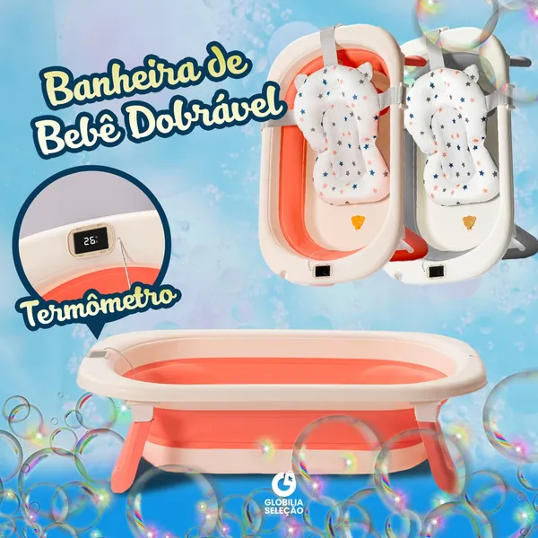 Banheira para Bebê Dobrável Infantil Confortável Segura Com Termômetro Portátil Com Almofada De Banho