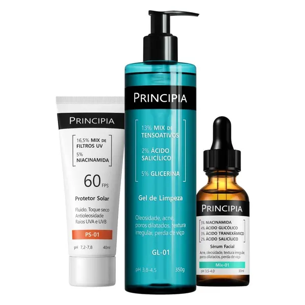 Principia Kit Anti-Acne Trio c/ Gel de Limpeza GL-01 + Sérum Mix-01 + Protetor Solar Facial PS-01 FPS 60