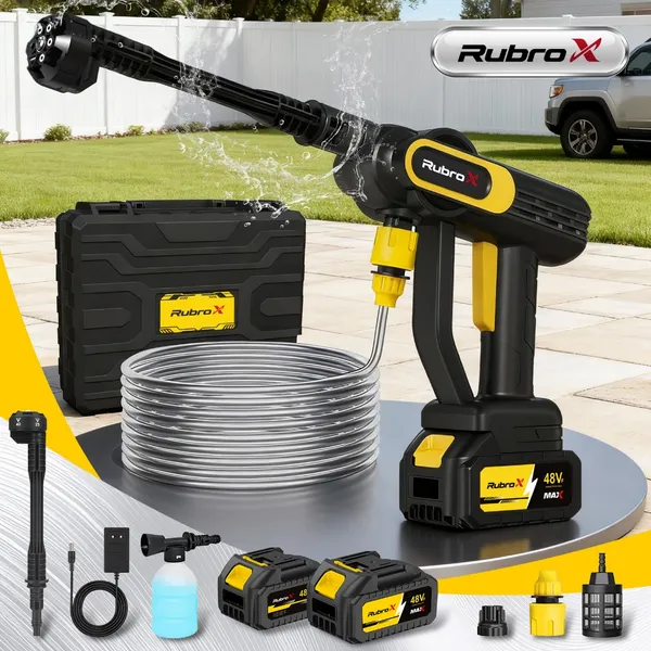 RubroX Lavadora de alta pressão portátil  6 em 1 Premium – 300W  Bateria de Longa Duração, 1200 PSI