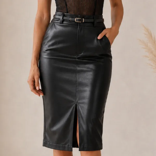 Saia Midi Couro Fake Lápis Fenda Frontal Feminino Courino Ecológico Cintura Alta Modeladora Moda
