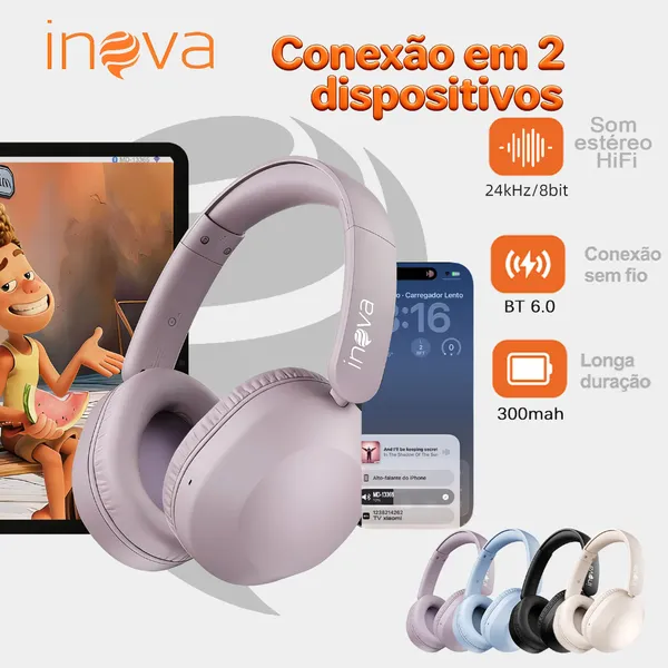 Inova Fone de ouvido Headphone Bluetooth 6.0 alto-falantes de 40 mm HiFi Conecte 2 dispositivos