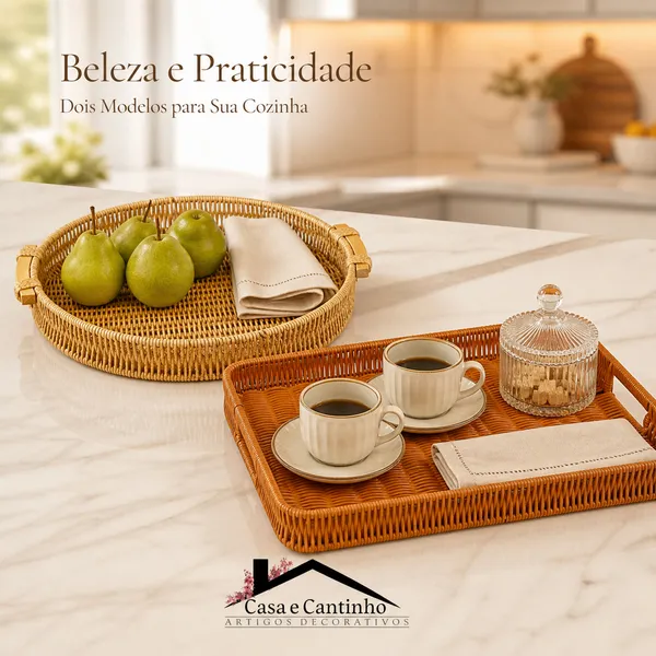Bandeja de Vime Resistente Organizadora Redonda Retangular Cesto para servir Café Frios Doces Grande