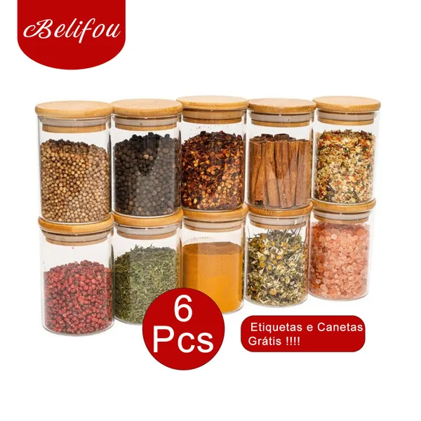 Kit 6 Potes de Vidro 200ml com Tampa de Bambu Belifou