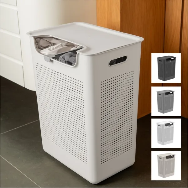 Cesto de Roupas Sujas Divisória Ajustável Posições Tampa 50L Flow Ou