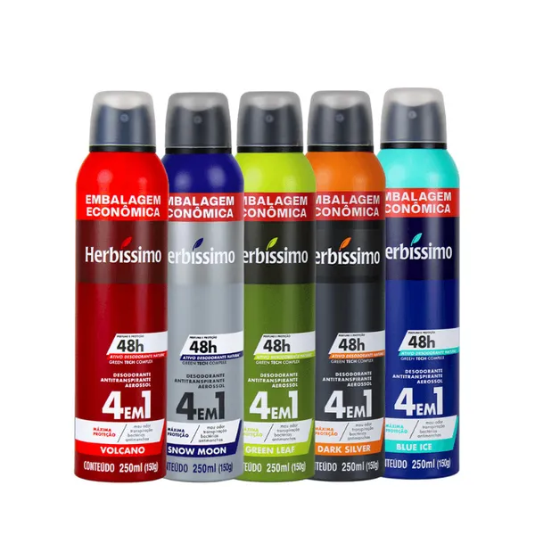 Kit Desodorante Antitranspirante Aerossol Herbíssimo 250ml  Embalagem Econômica - Fragrâncias Variadas (5 unidades)