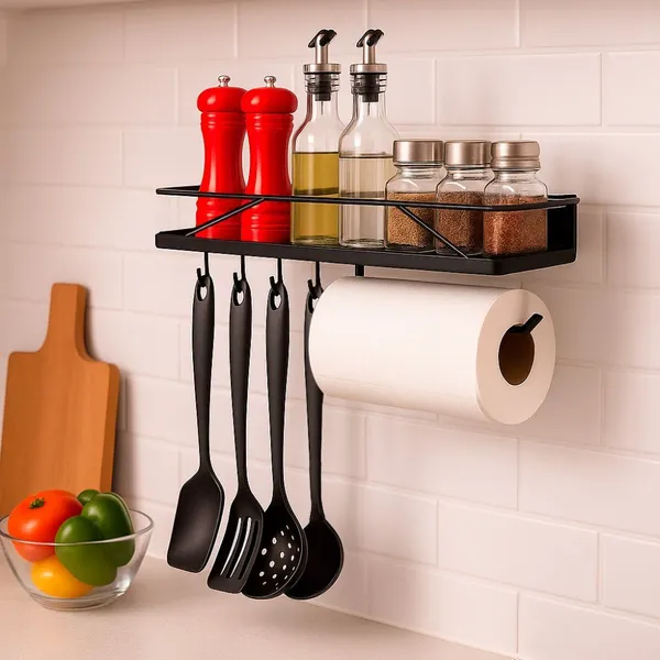 Suporte de Cozinha com Ganchos para Temperos, Conchas e Papel-Toalha