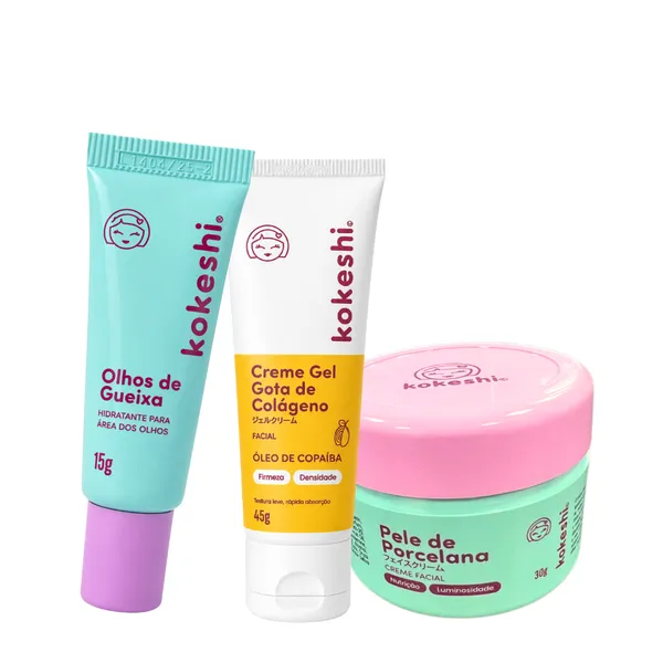 Kit Facial Kokeshi Completo 3 Passos Hidratação e Colágeno
