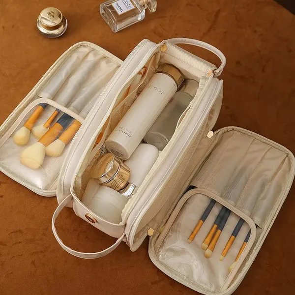 Bolsa Cosmética De Grande Capacidade Com Abertura Em Forma De U Para Mulheres Portátil Viagem Multi-Compartment Couro